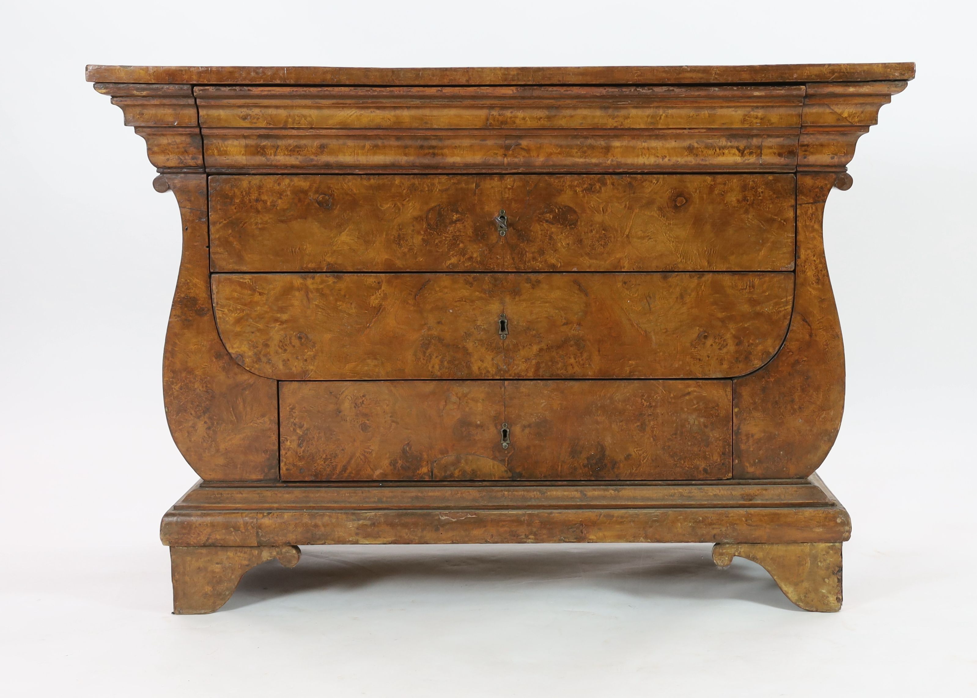 An early 19th century Baltic region burr wood commode, W.137cm D.61cm H.95cm